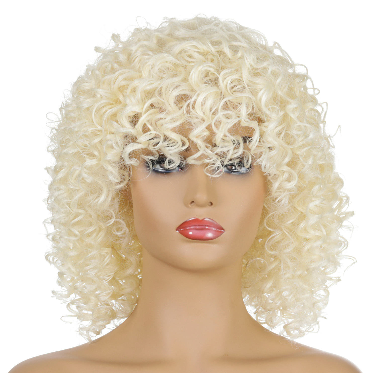A synthetic wig with multicolor small curly hair, designed for women
