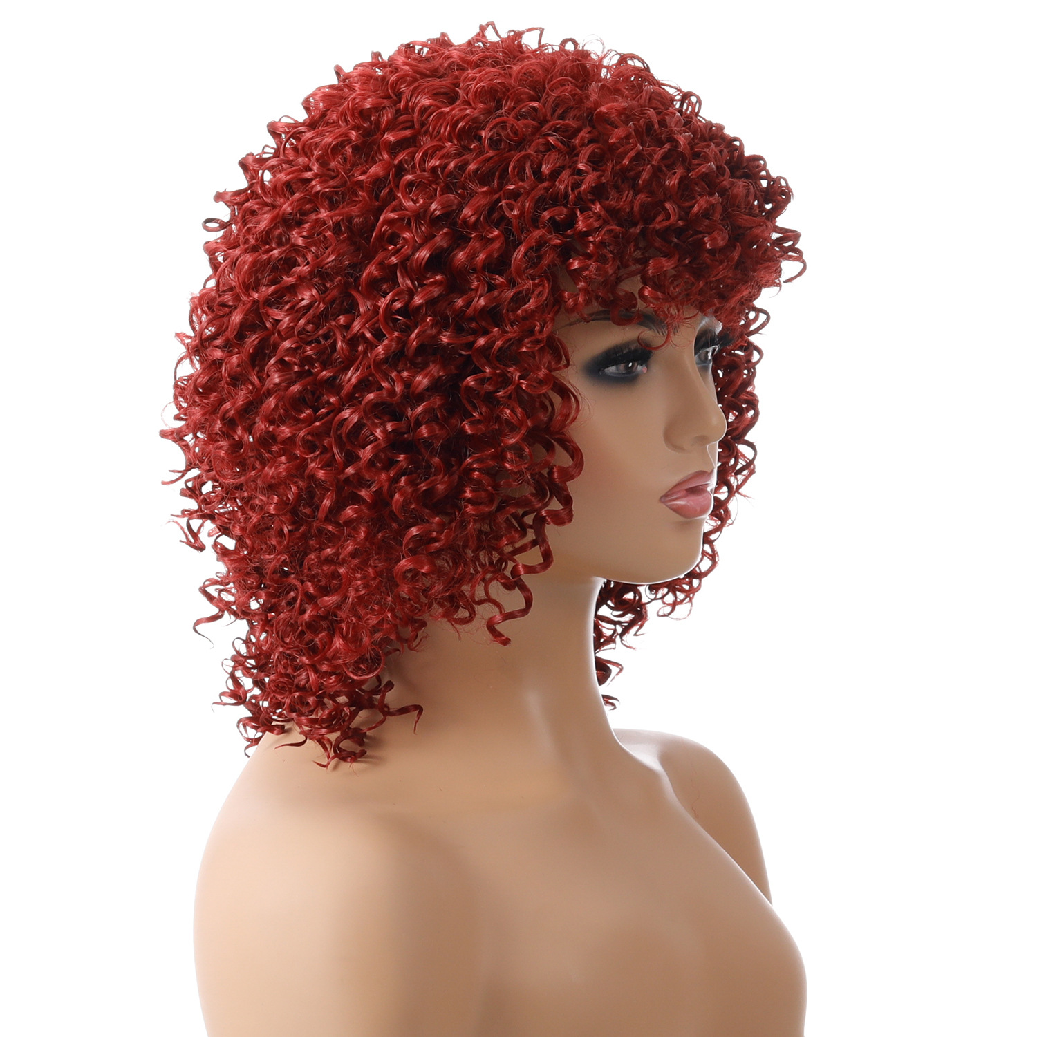A wig with small curls featuring a variety of vibrant colors
