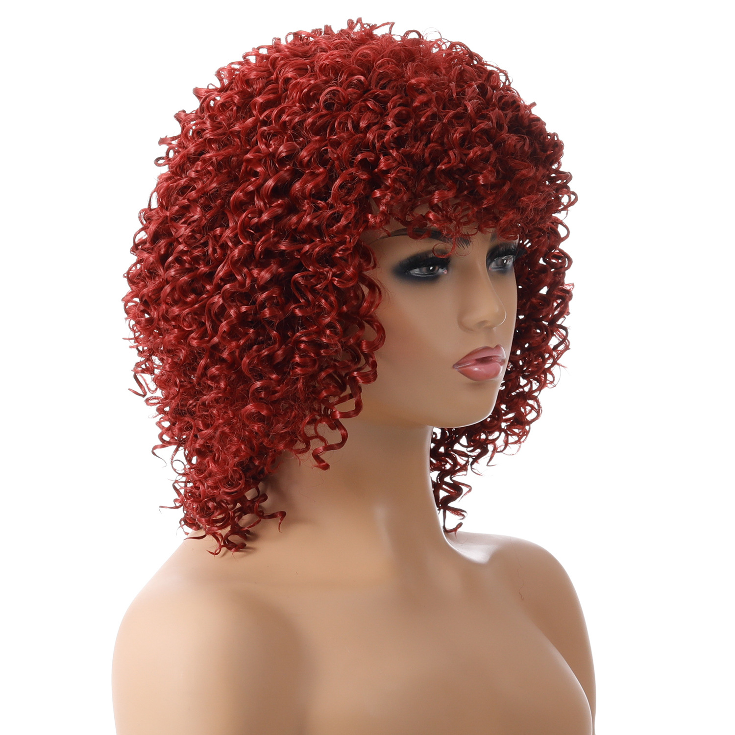 A synthetic wig with small, curly, and colorful hair strands