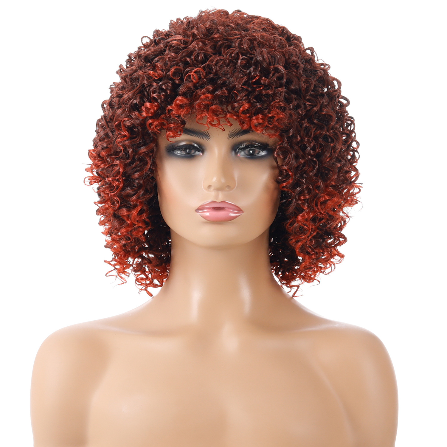 A synthetic wig styled with small curls in a range of vibrant colors