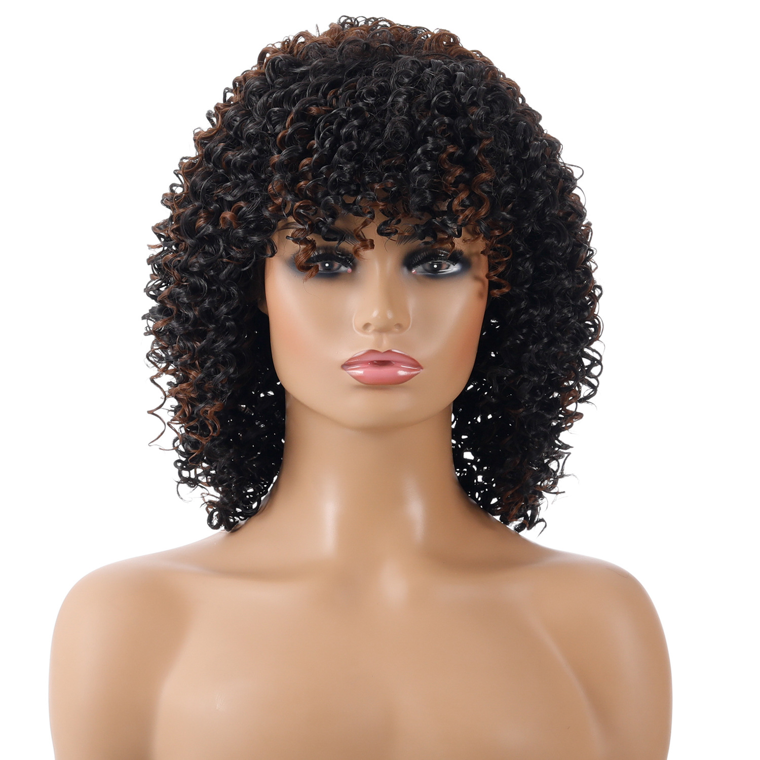 A synthetic wig featuring small curls with splashes of vibrant colors