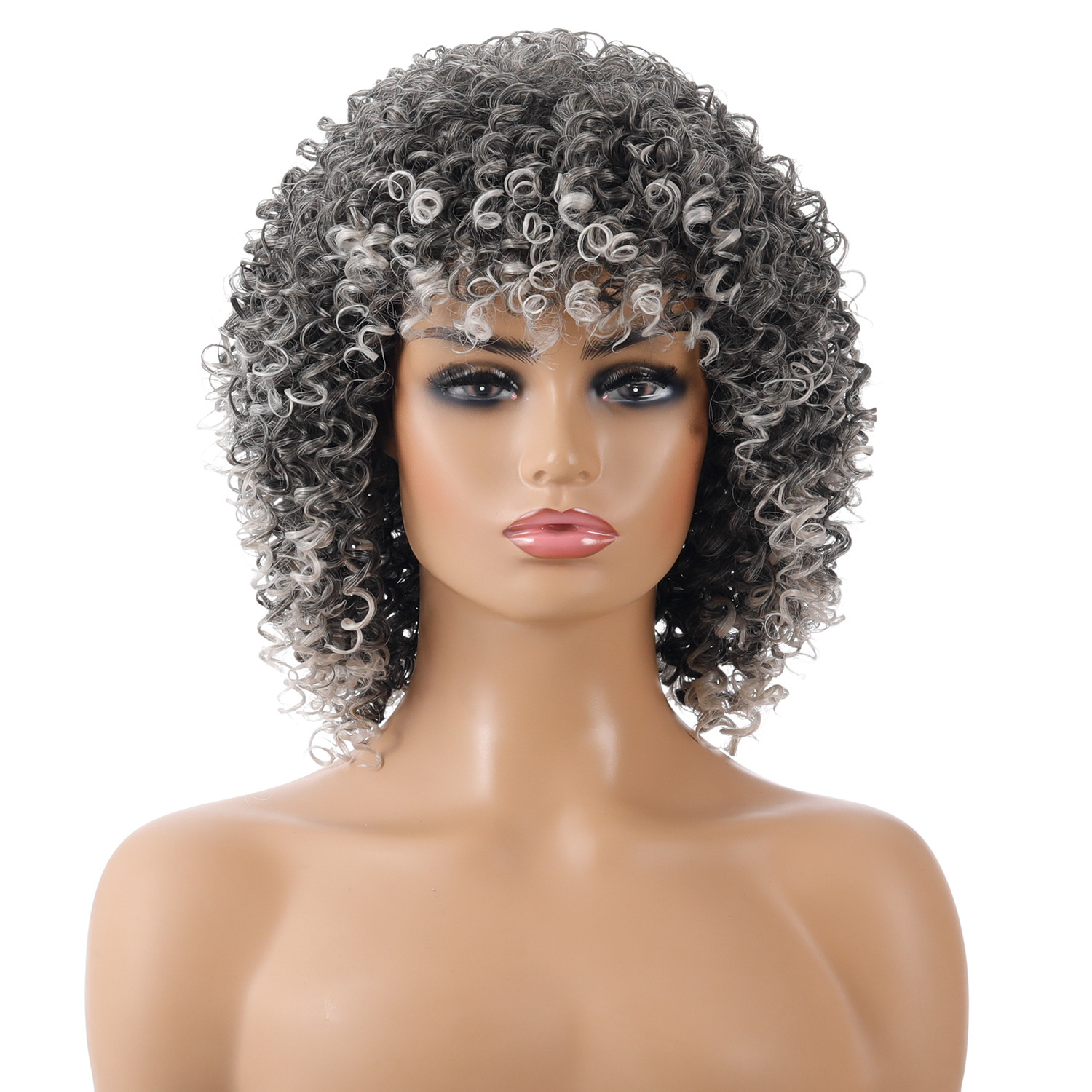 A synthetic wig with multicolor small curly hair