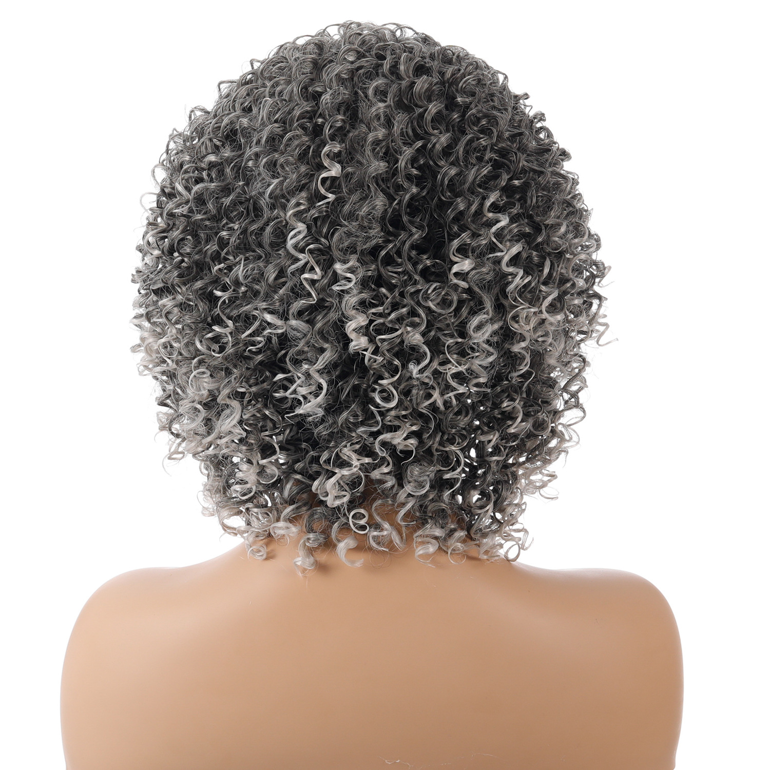 A wig with multicolor small curly hair, made of synthetic material.