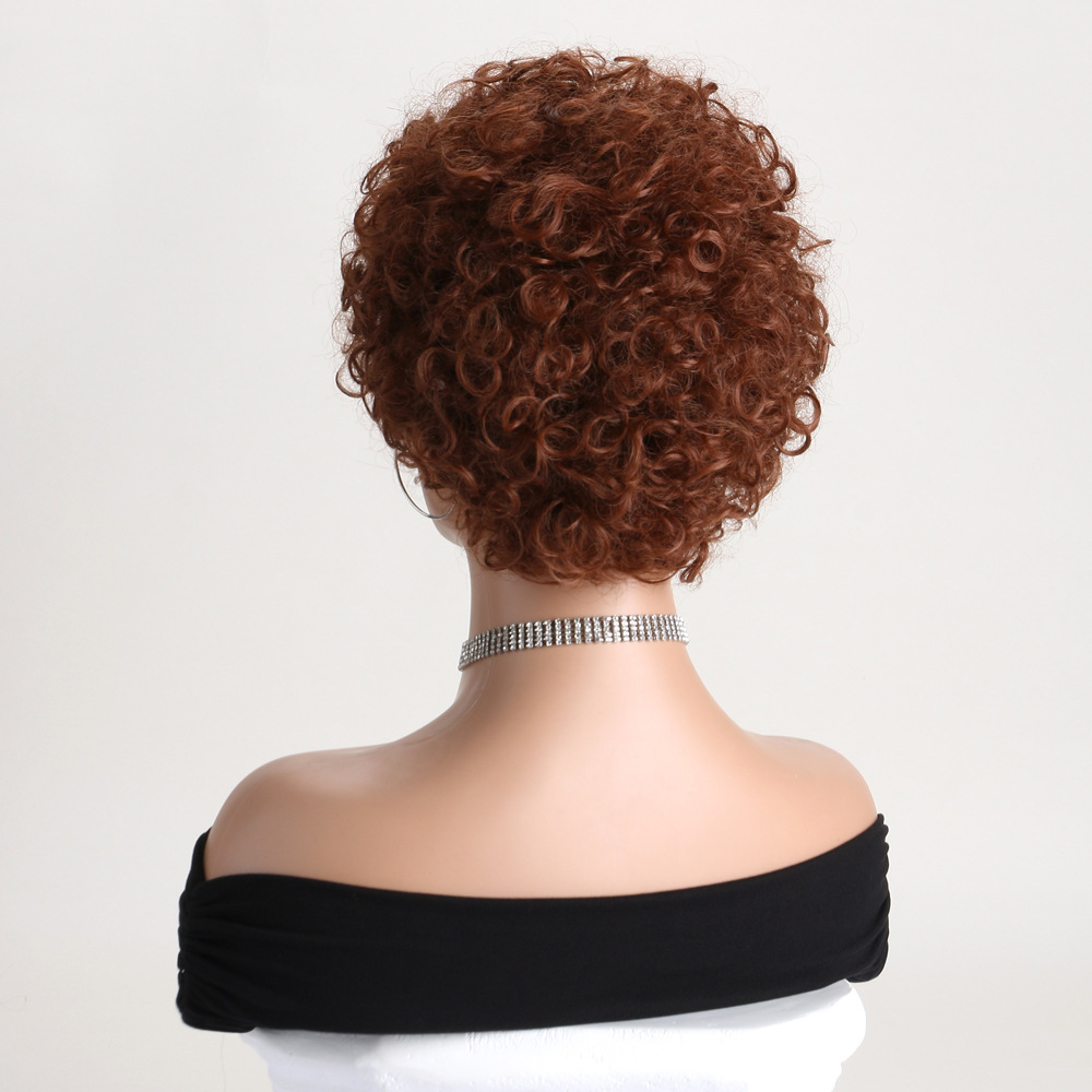 A synthetic wig with reddish brown curly hair, styled as small curly wigs for women