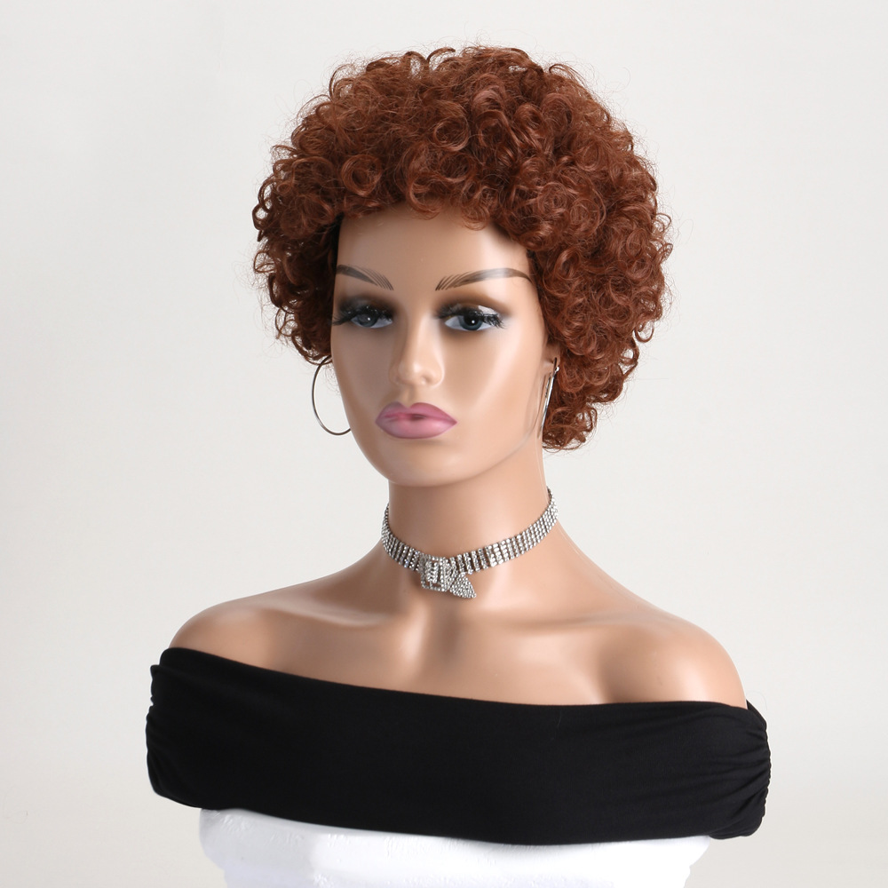 A synthetic wig with reddish brown short curly hair, designed as small curly wigs for women