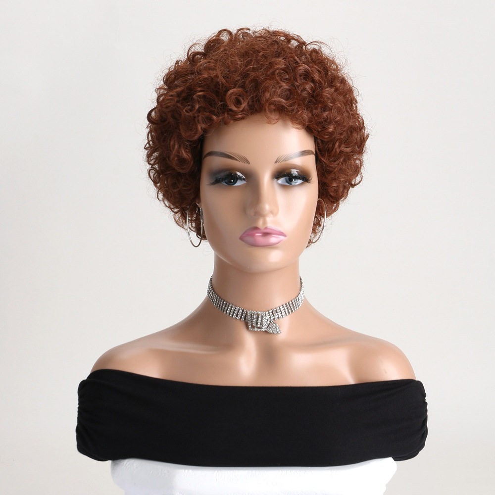 Image of a synthetic wig in reddish brown with short curly hair, styled as small curly wigs for women