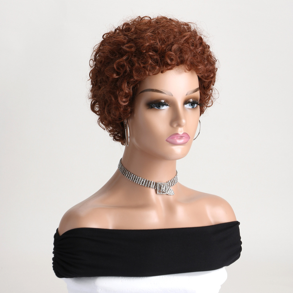 Stylish synthetic wig in reddish brown with short curly hair, designed as small wigs for women