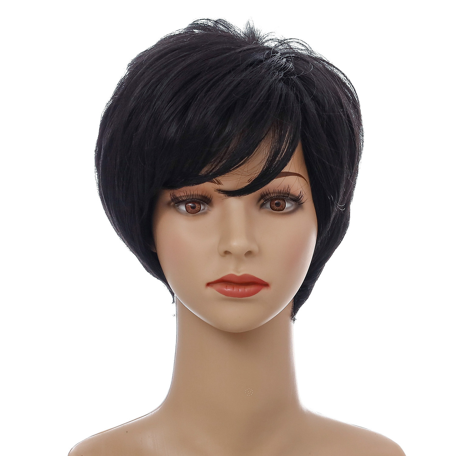 Stylish black synthetic wig with short straight hair, designed for women