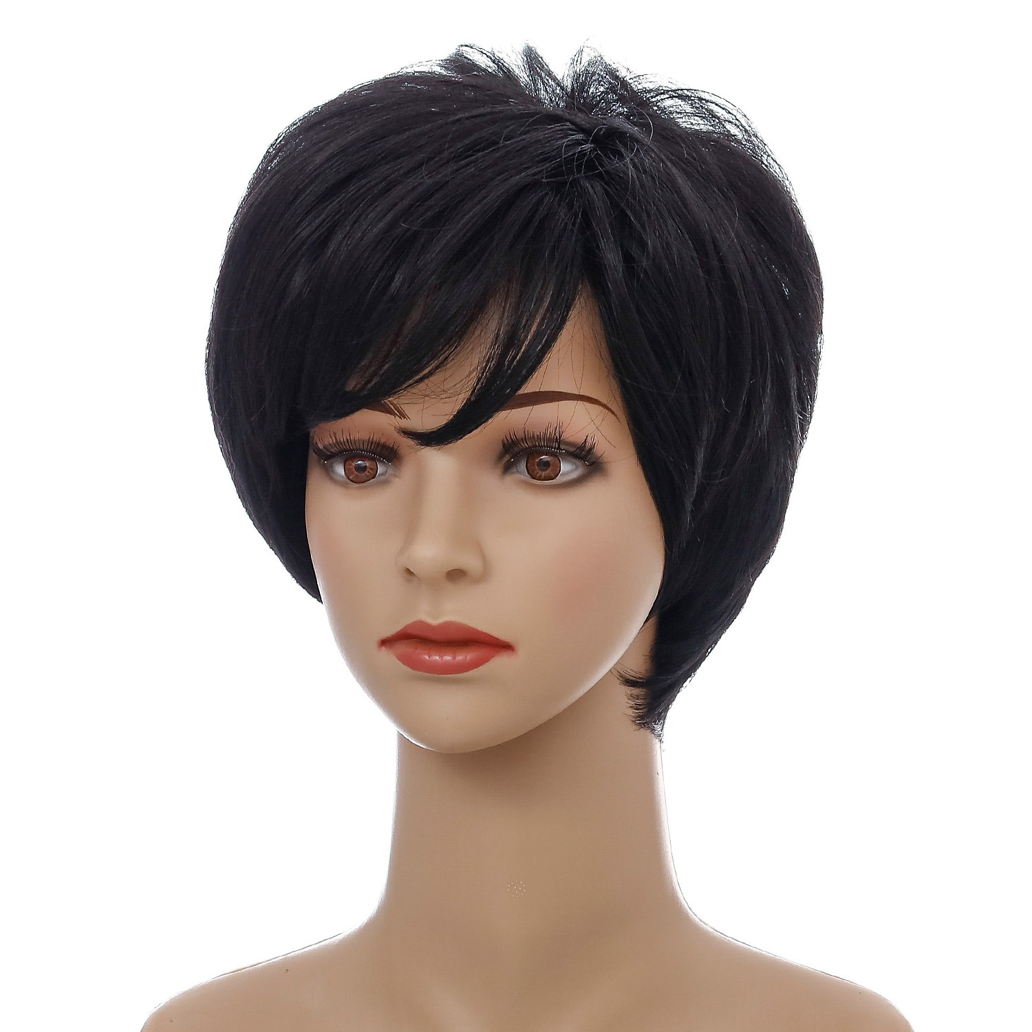 Fashionable black synthetic wig with short straight hair, perfect for women
