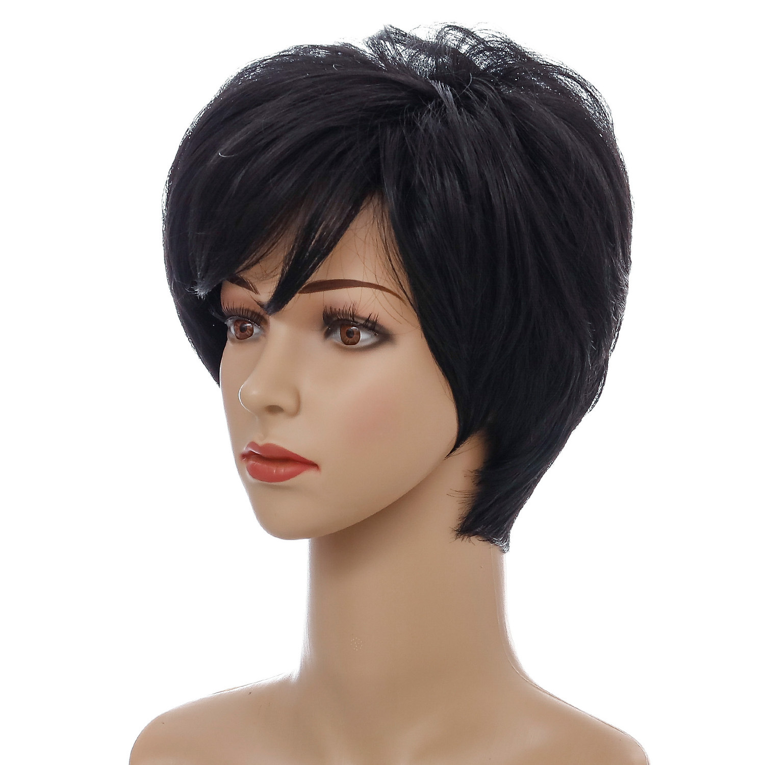 Chic black synthetic wig with short straight hair, designed for a stylish look