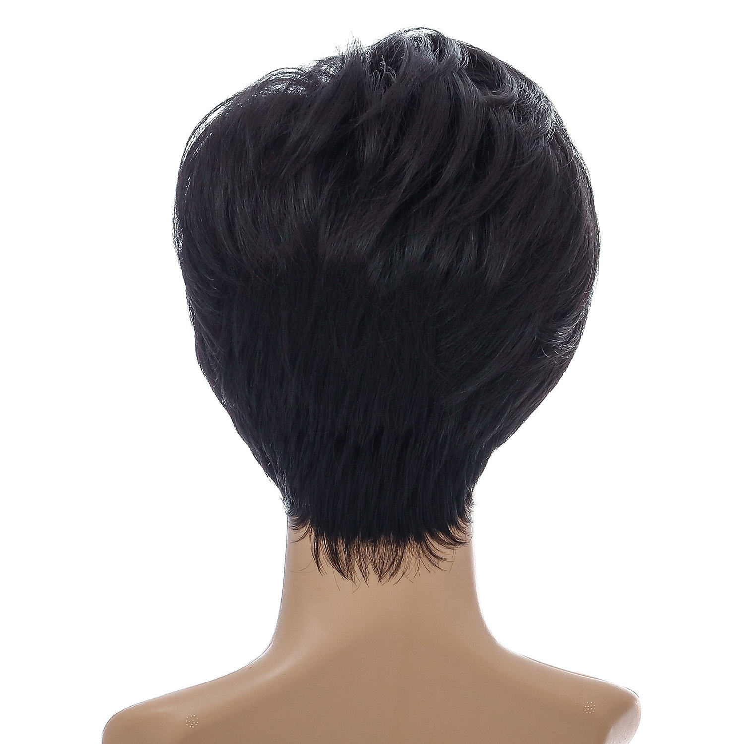 Fashionable black synthetic wig designed for women, featuring short straight hair