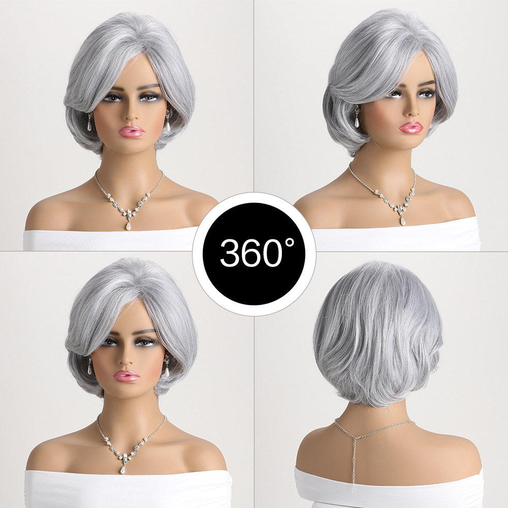 Stylish synthetic wig with silver side parting curly short hair, designed for women
