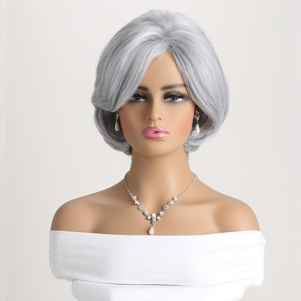 A synthetic wig with silver side parting curly short hair, styled for women