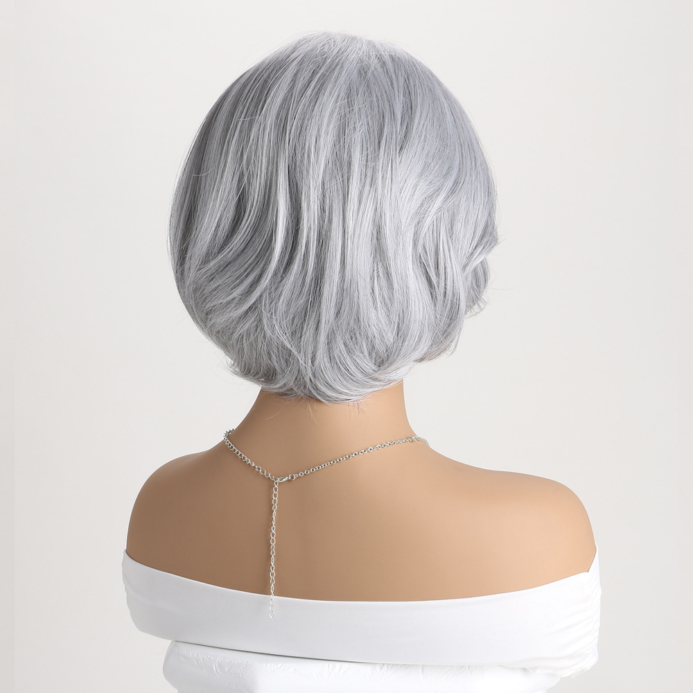 A synthetic wig with silver side parting curly short hair, designed for women