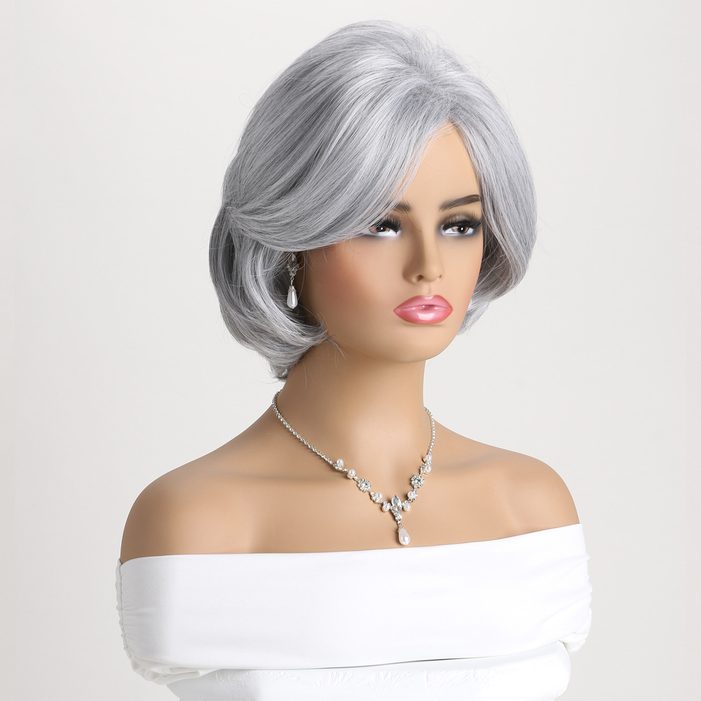 Image of a synthetic wig in silver with side parting curly short hair, perfect for women