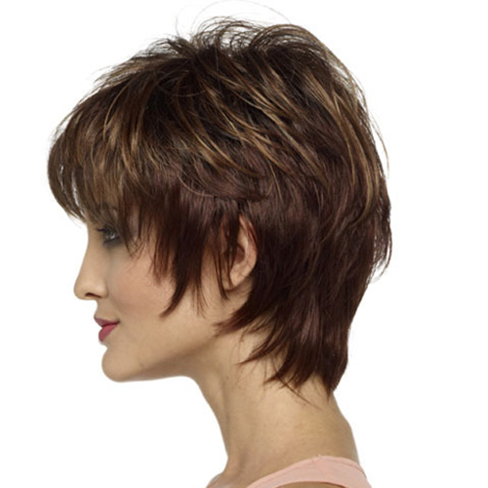 A synthetic wig in light brown with short curly hair, designed as small curly wigs for women