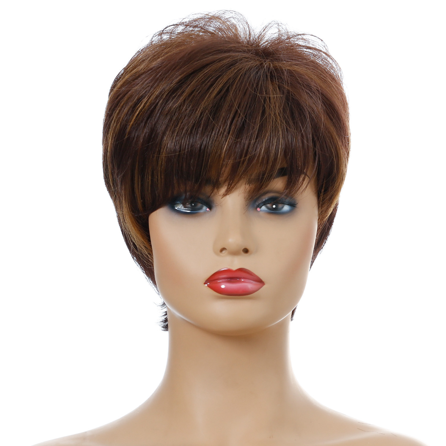 Stylish small curly wigs for women in light brown, showcasing short curly synthetic hair.