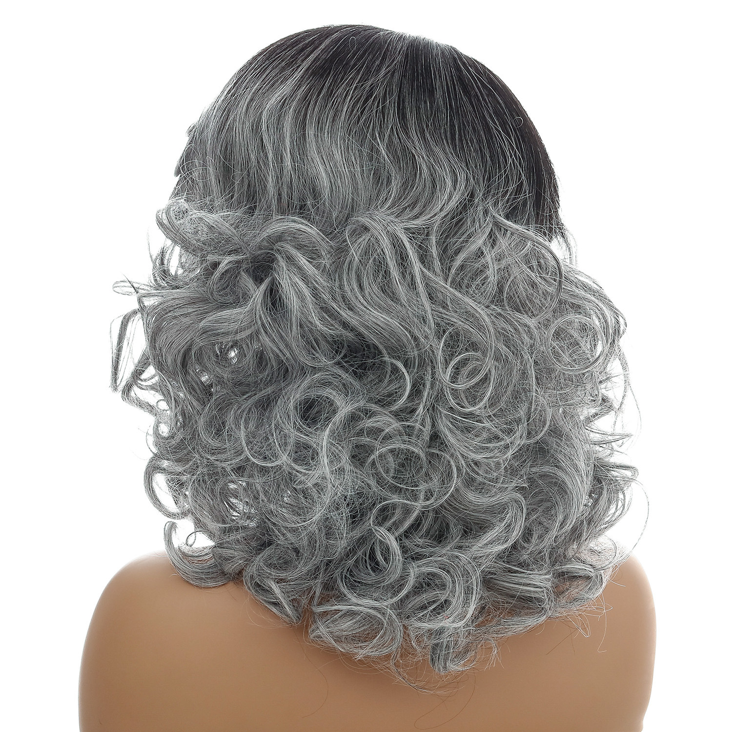 Stylish black silver synthetic wig featuring medium-length curly hair, designed for women