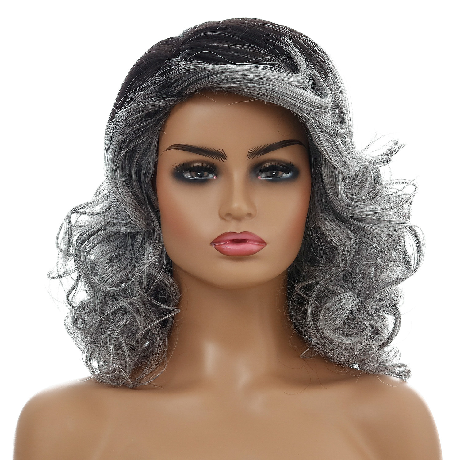 Stylish black silver synthetic wig featuring medium-length curly hair, designed for women