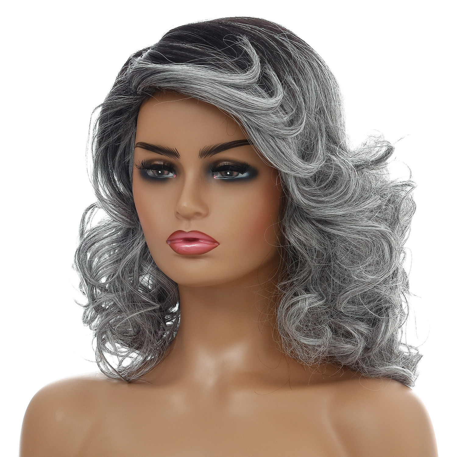 Fashionable black silver synthetic wig with medium-length curly hair, perfect for women