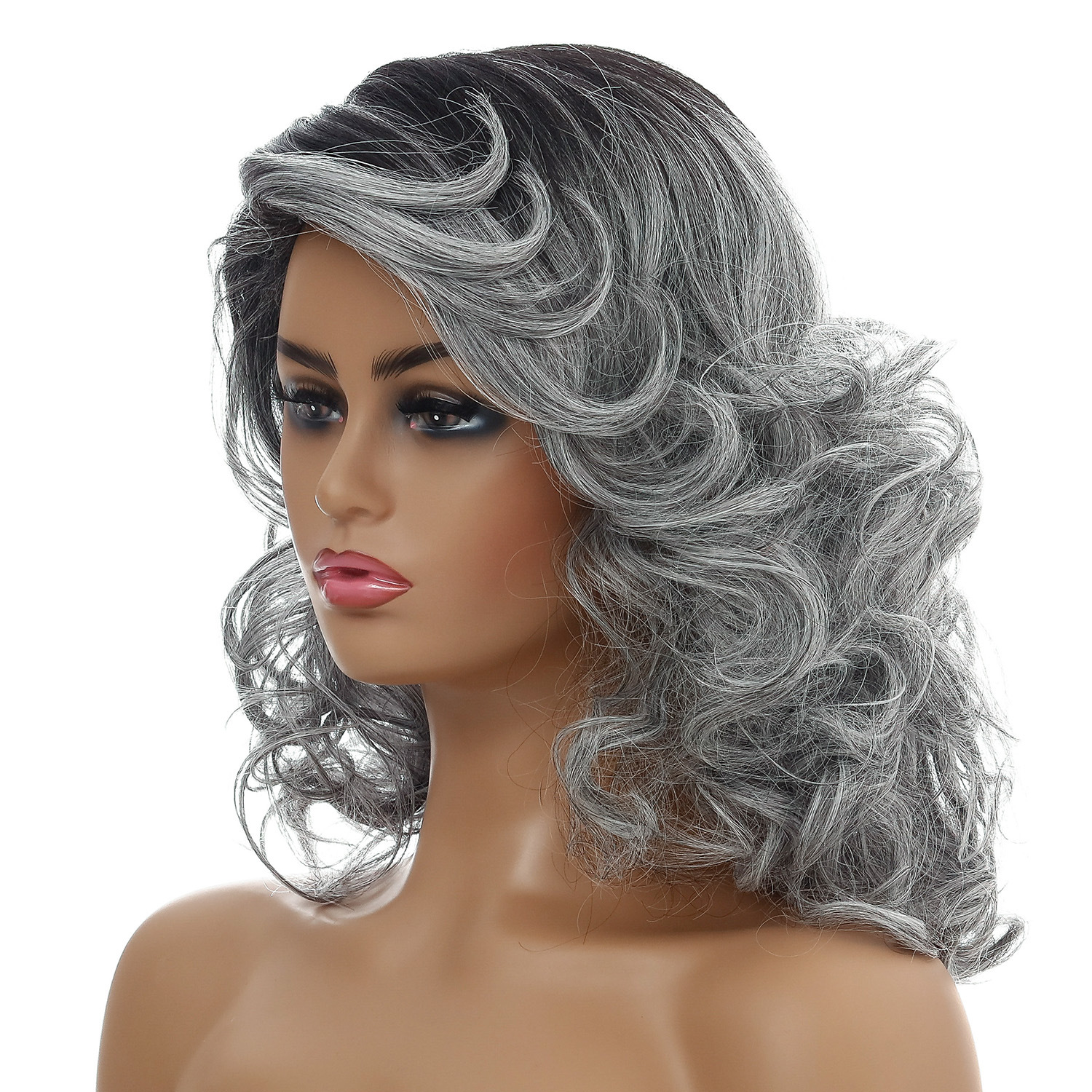 Chic black silver synthetic wig with medium-length curly hair, designed for a stylish look