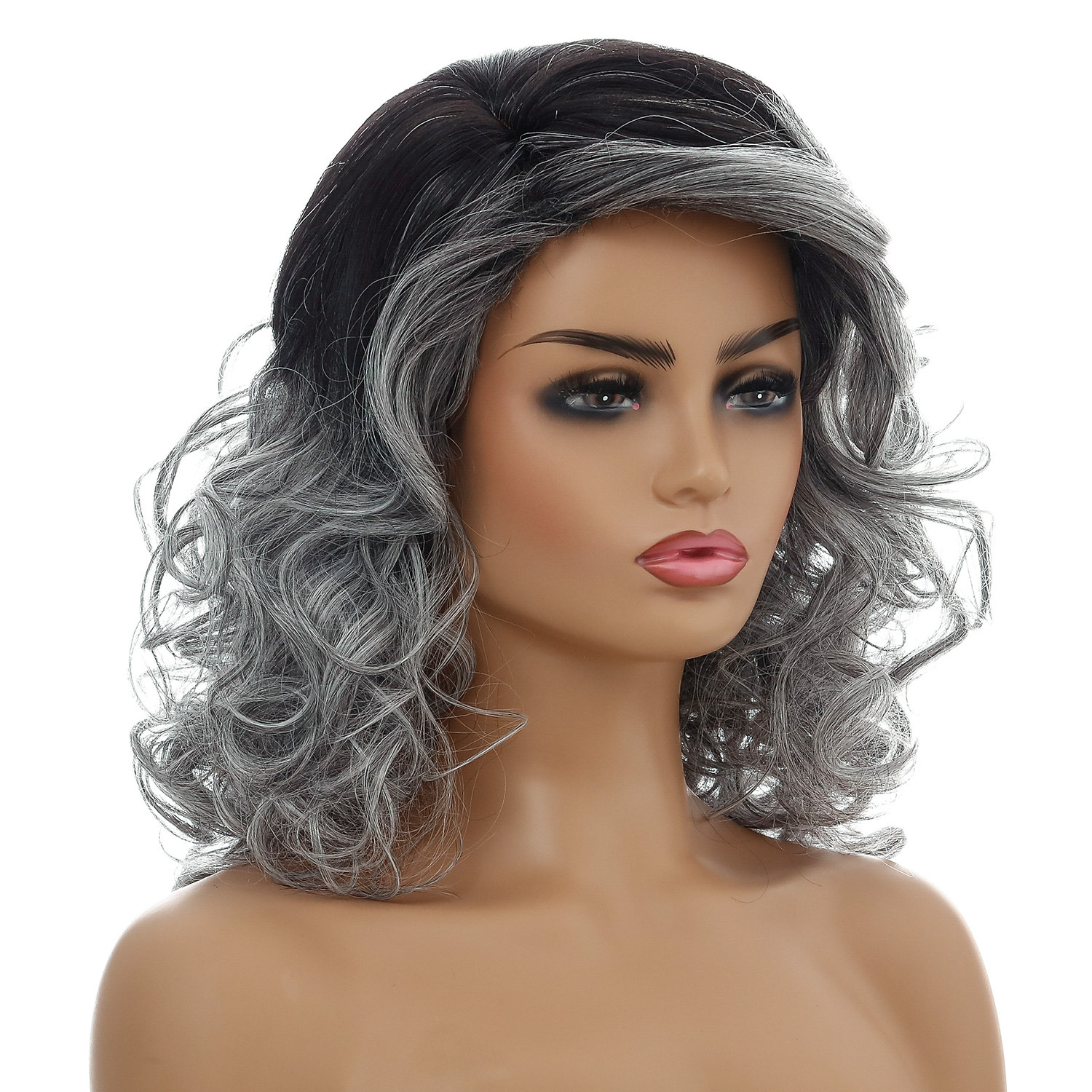 Women's wig in black silver synthetic hair with medium-length curly hair, a classic choice