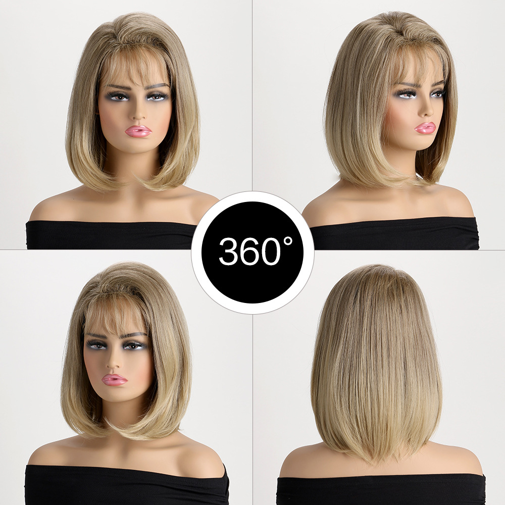 A synthetic wig designed for women, featuring light blonde short straight hair with bangs