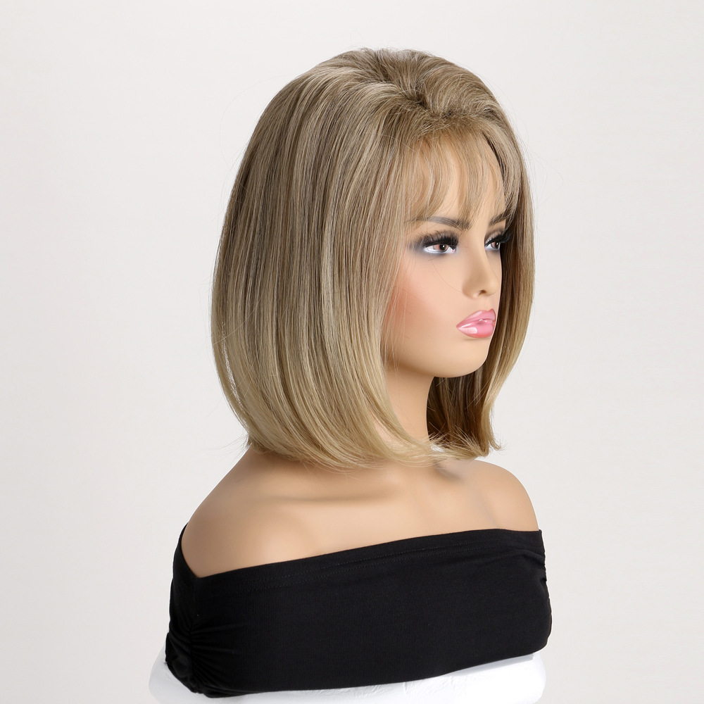 Stylish wigs for women featuring a light blonde short straight synthetic wig with bangs
