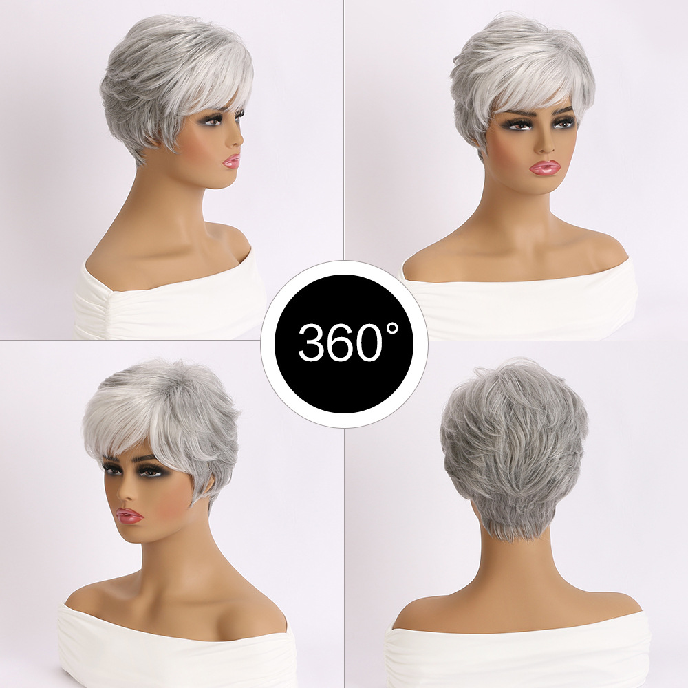 A synthetic wig in light gray, styled with small curly hair for women