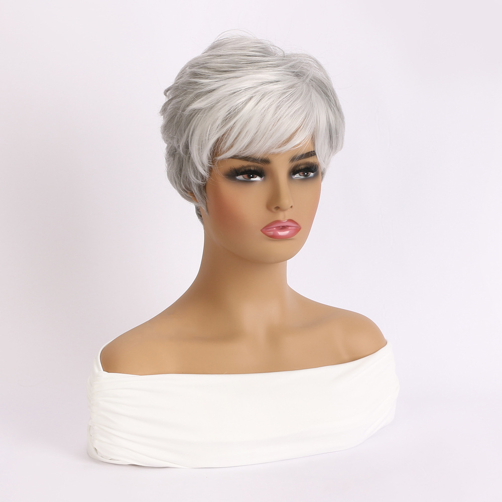A synthetic wig with light gray small curly hair, designed for women