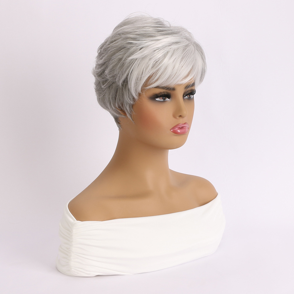 A synthetic wig with light gray small curly hair, perfect for women