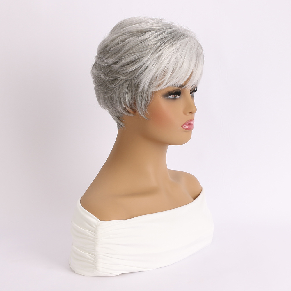 Stylish synthetic wig with light gray small curly hair, designed for women