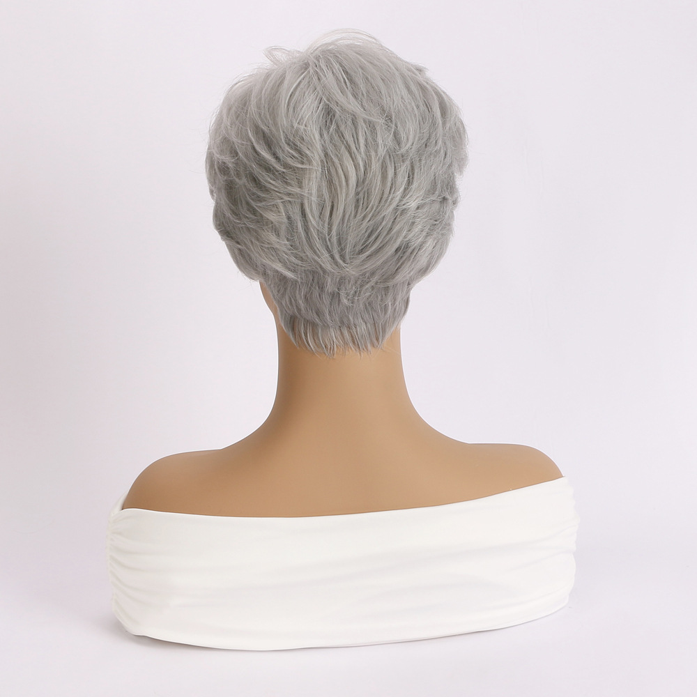 A fashionable synthetic wig in light gray, featuring small curly hair for women