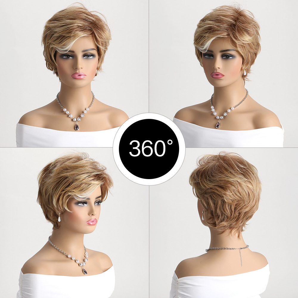 A synthetic wig designed for women, featuring light blonde short curly hair with highlights, ideal for small curly styles