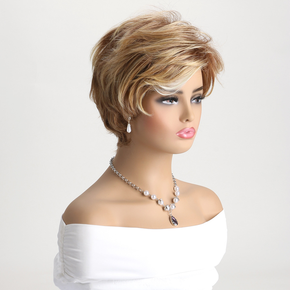 A stylish short curly synthetic wig featuring light blonde highlights, designed as a small curly wig for women