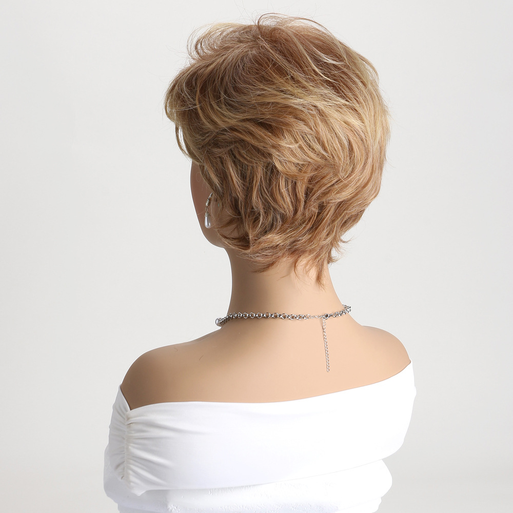 A short curly synthetic wig with a stylish light blonde highlight, crafted as a small curly wig for women
