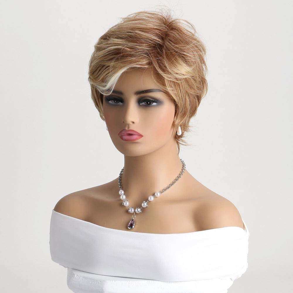 A fashionable wig with light blonde highlights, styled as a short curly synthetic wig for women looking for small curly styles