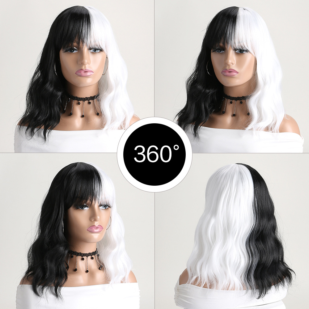 Women's wig in black white synthetic hair with medium-length curly hair and bangs, a classic choice
