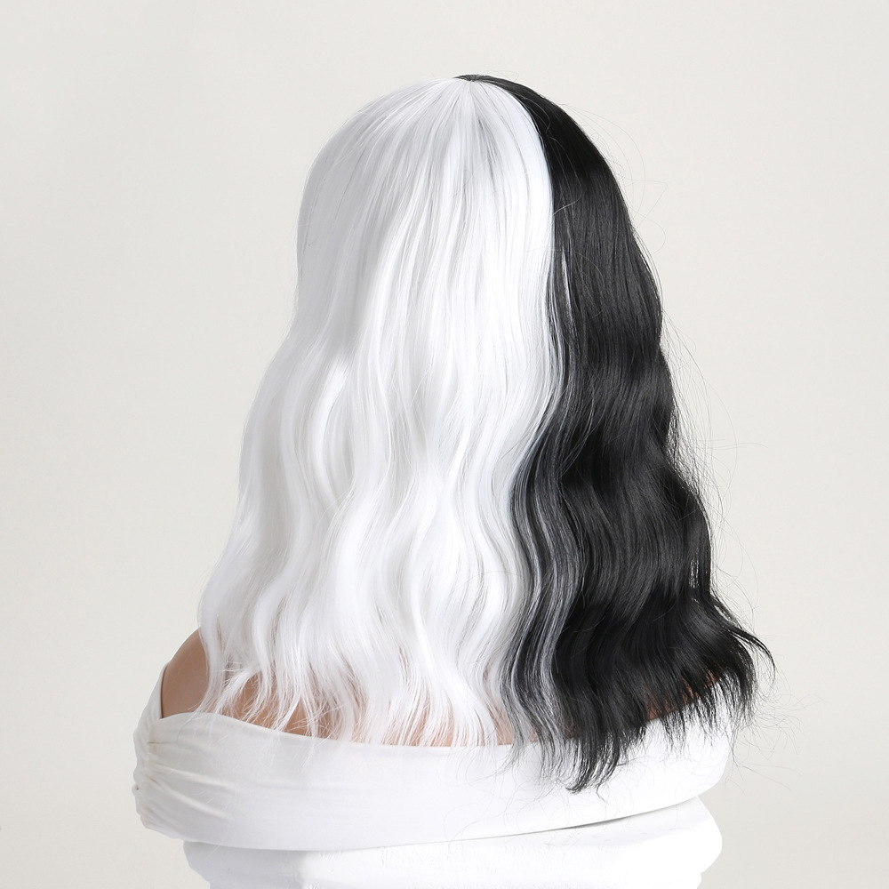Chic black white synthetic wig with medium-length curly hair and bangs, designed for a stylish look