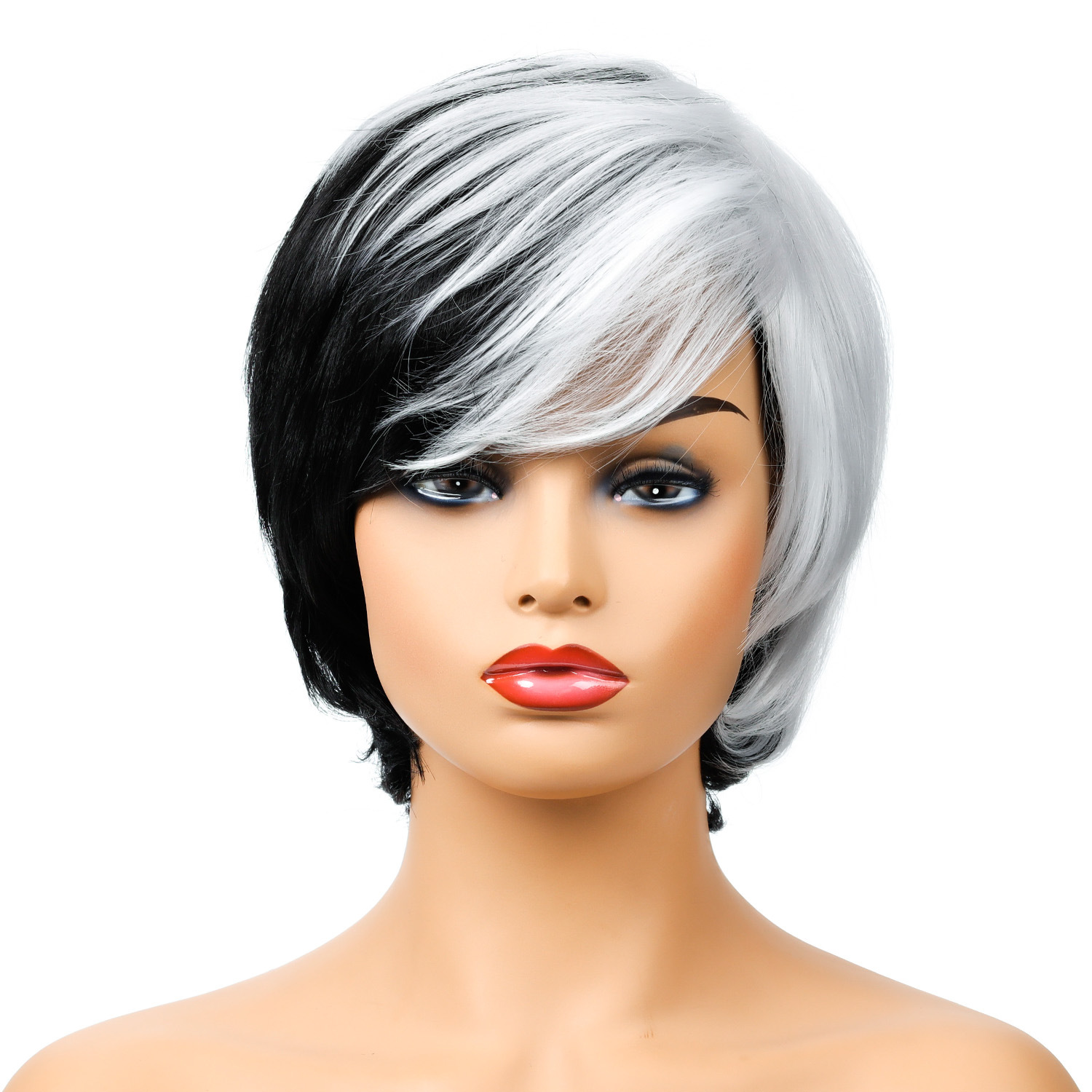 Image of a synthetic wig with black and white short hair, designed for fashionable women