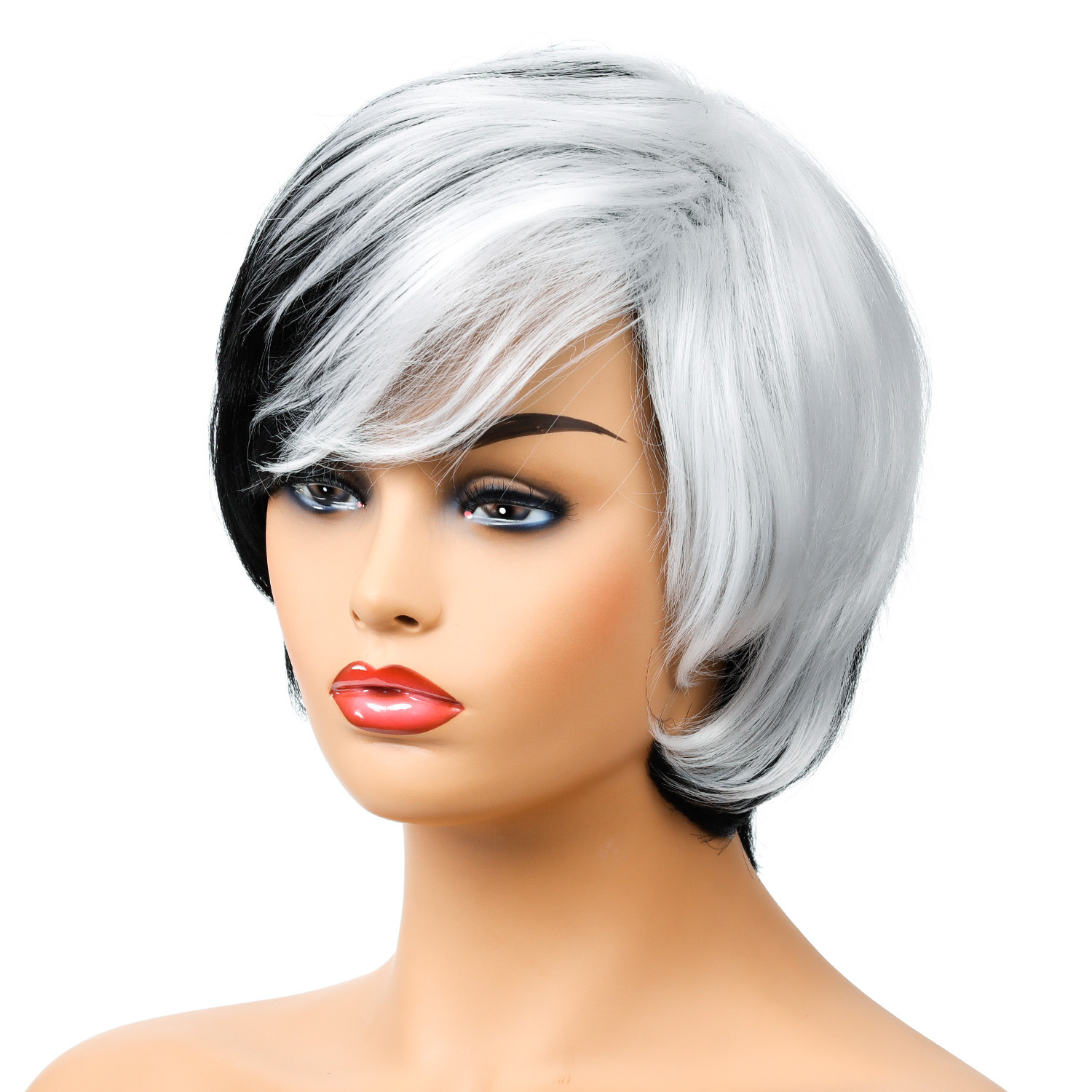  a stylish synthetic wig with black and white short hair, ideal for women