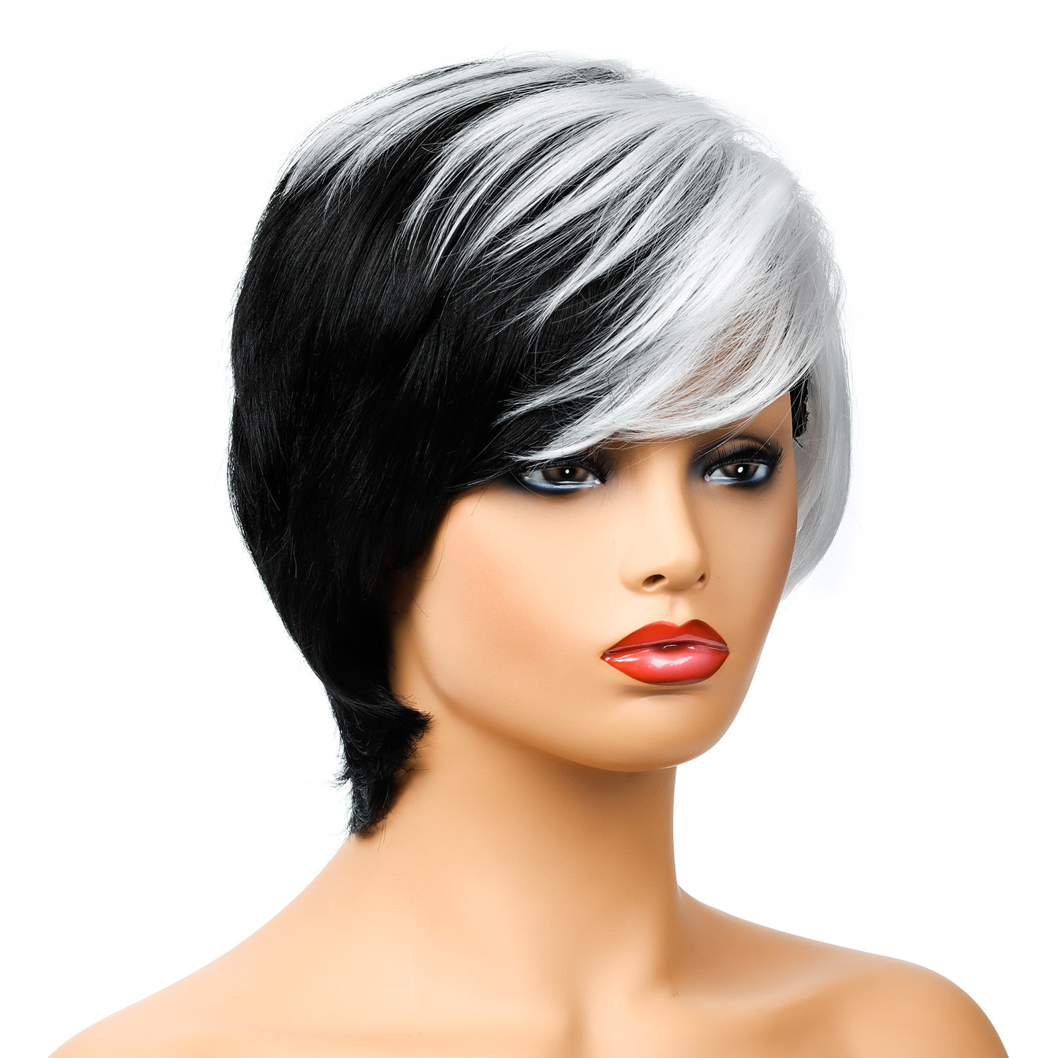  a trendy synthetic wig with black and white short hair, a fashionable choice for women
