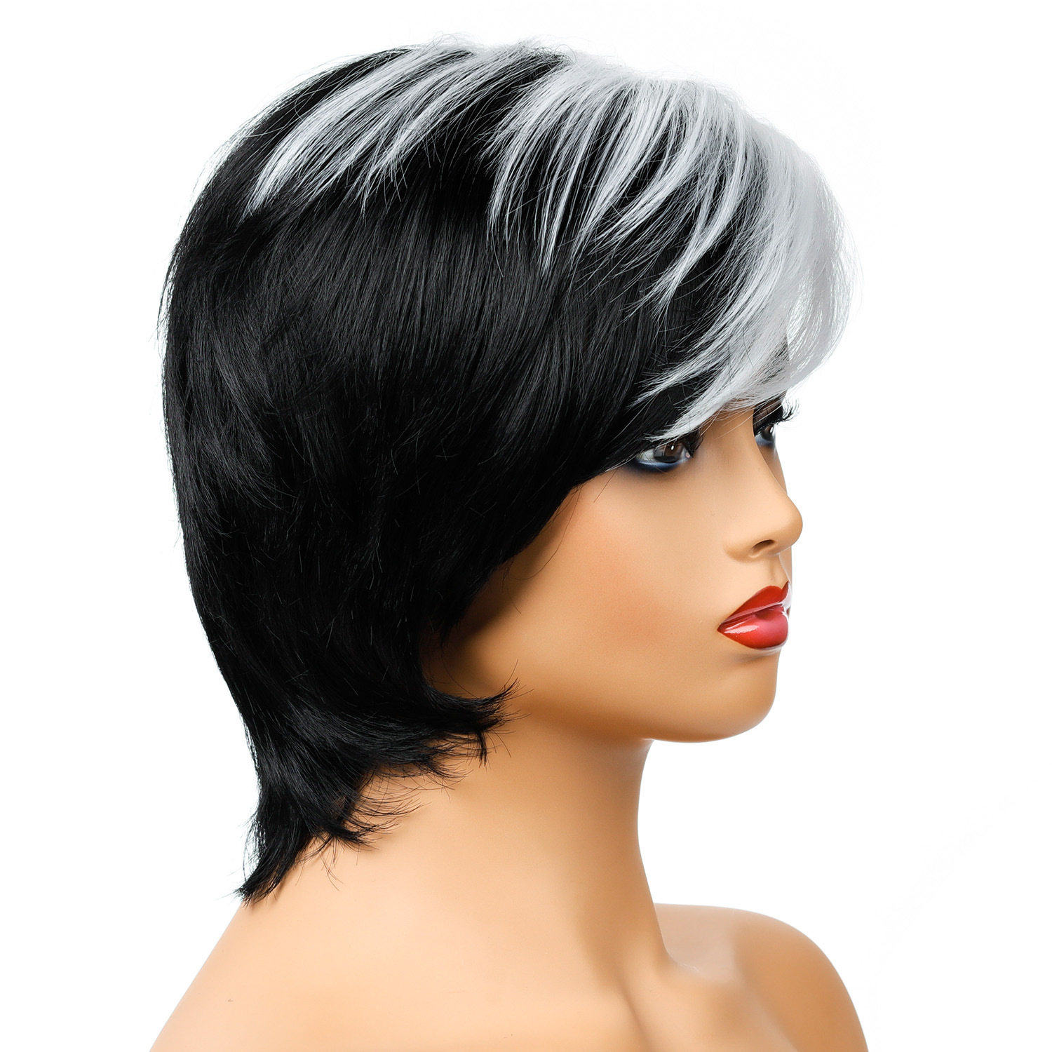 a synthetic wig featuring short black and white hair, a stylish option for women