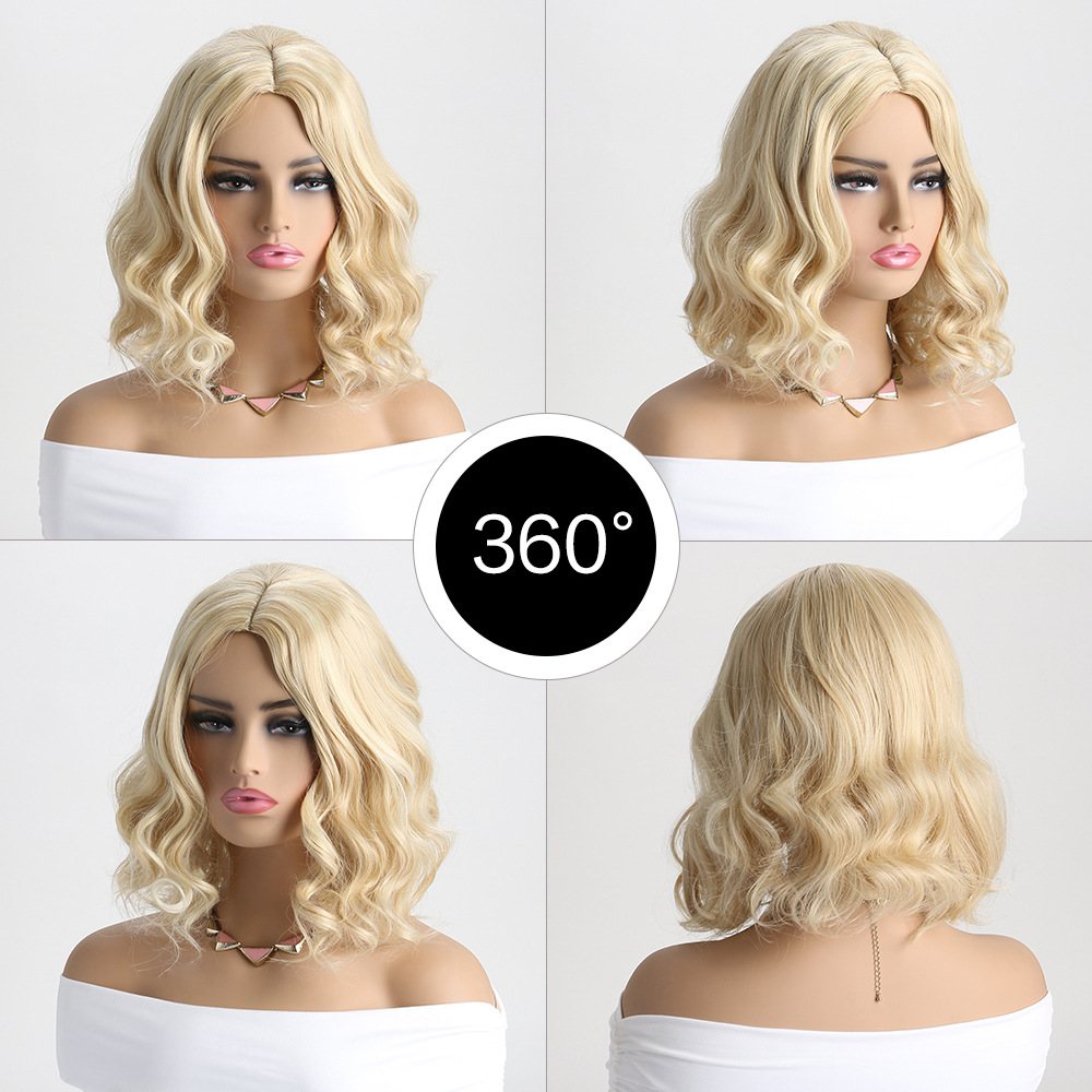 A stylish short curly synthetic wig in light blonde, designed as a small curly wig for females