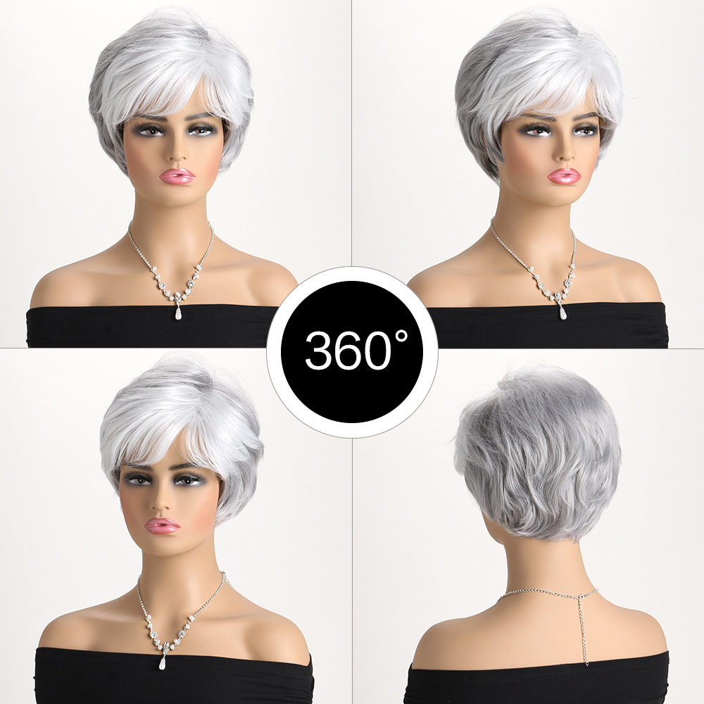 Stylish synthetic wig with silver short straight hair, designed as headgear for women