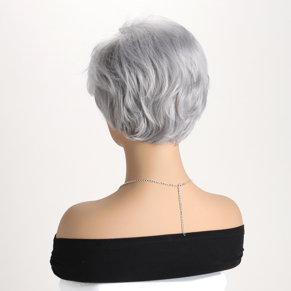 Image of a synthetic wig with silver short straight hair, suitable headgear for women