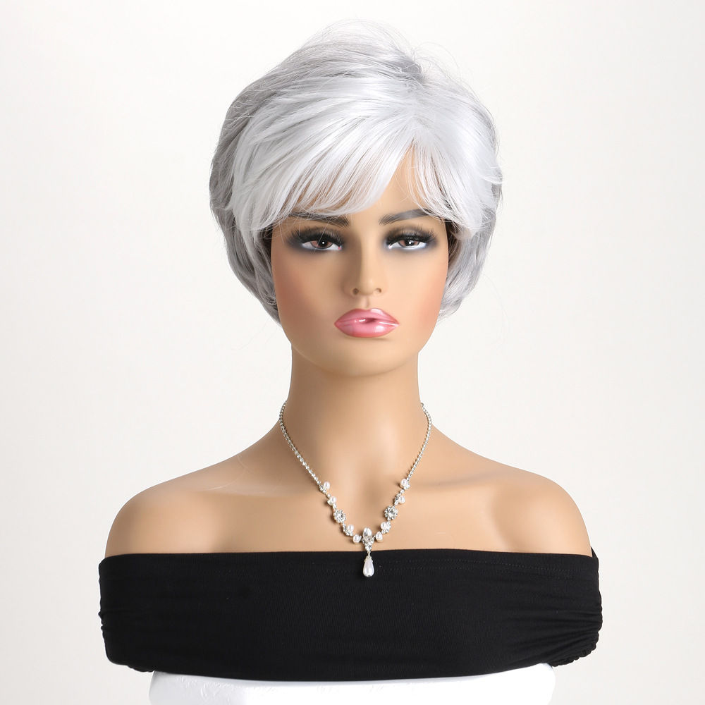 A synthetic wig with silver short straight hair, designed as headgear for women