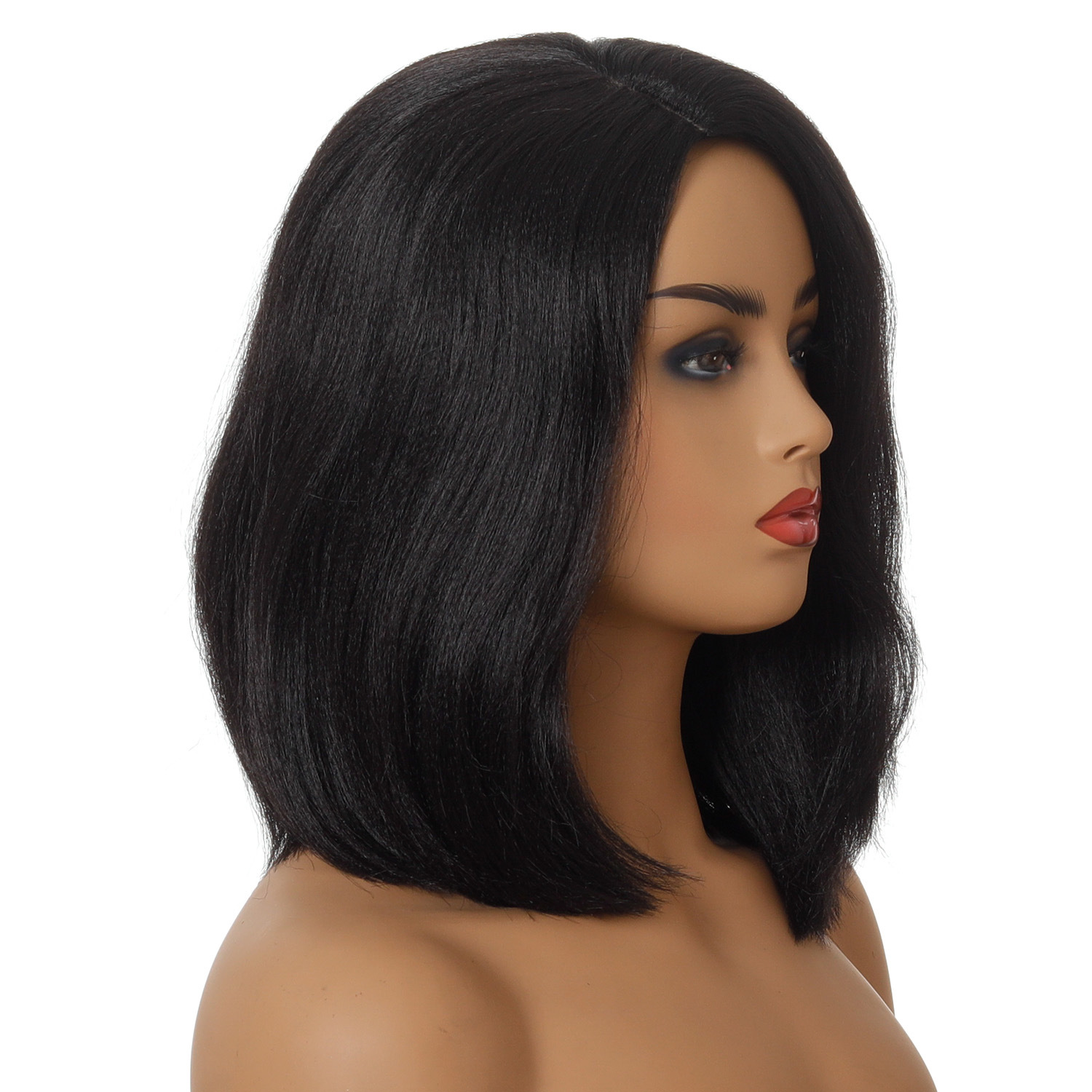 Stylish black synthetic wig featuring short straight hair, designed for women