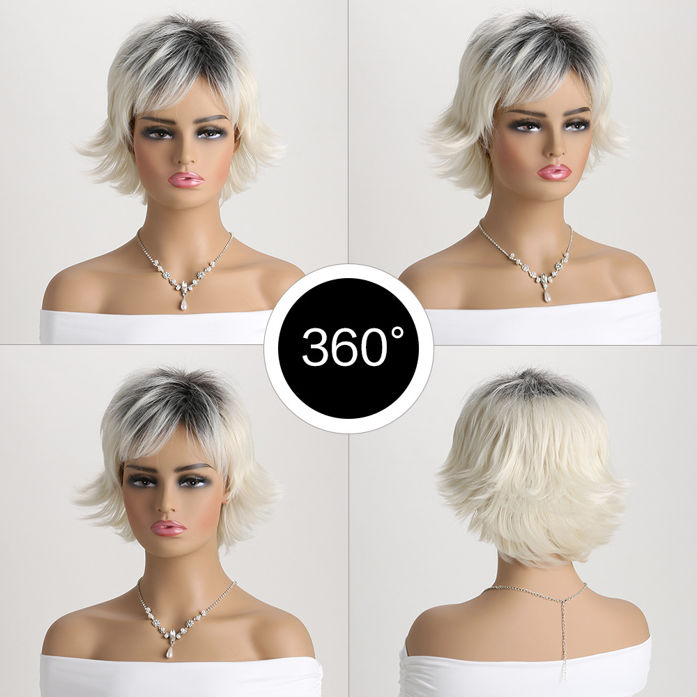 A stylish synthetic wig in gray, featuring short straight hair with a fluffy texture for a trendy look
