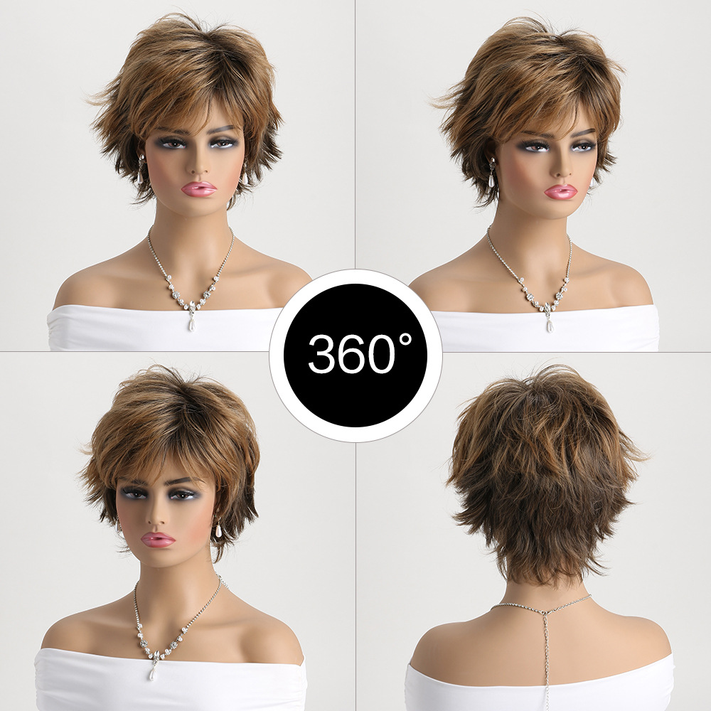 Image of a fashionable small curly wig with headgear for women, styled in brown short curly synthetic hair